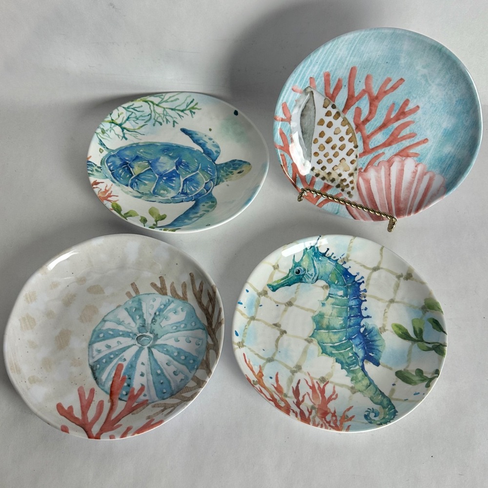 Cynthia Rowley Melamine Salad Plates Sea Turtle Seahorse Coral Beach Theme Set